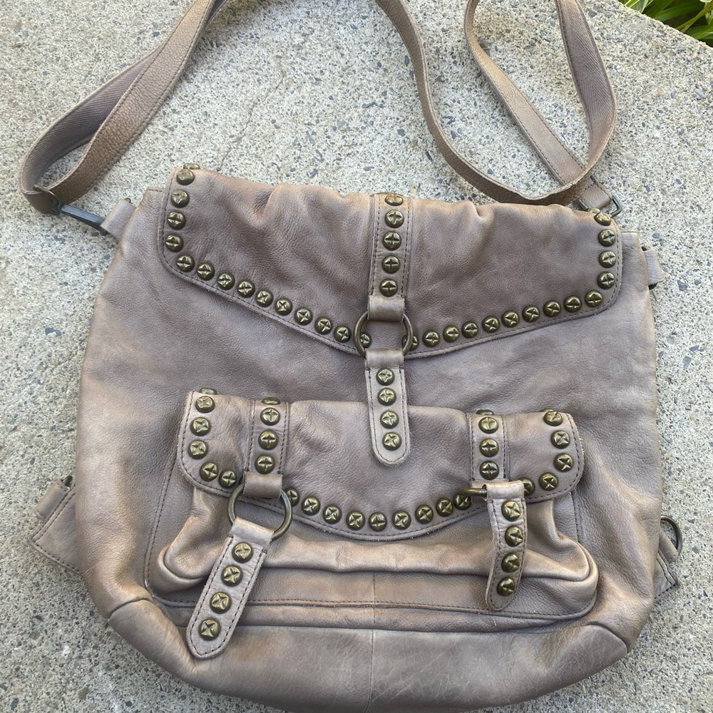 Free People Taupe Leather Metallic Brass Studded Shoulder Bag